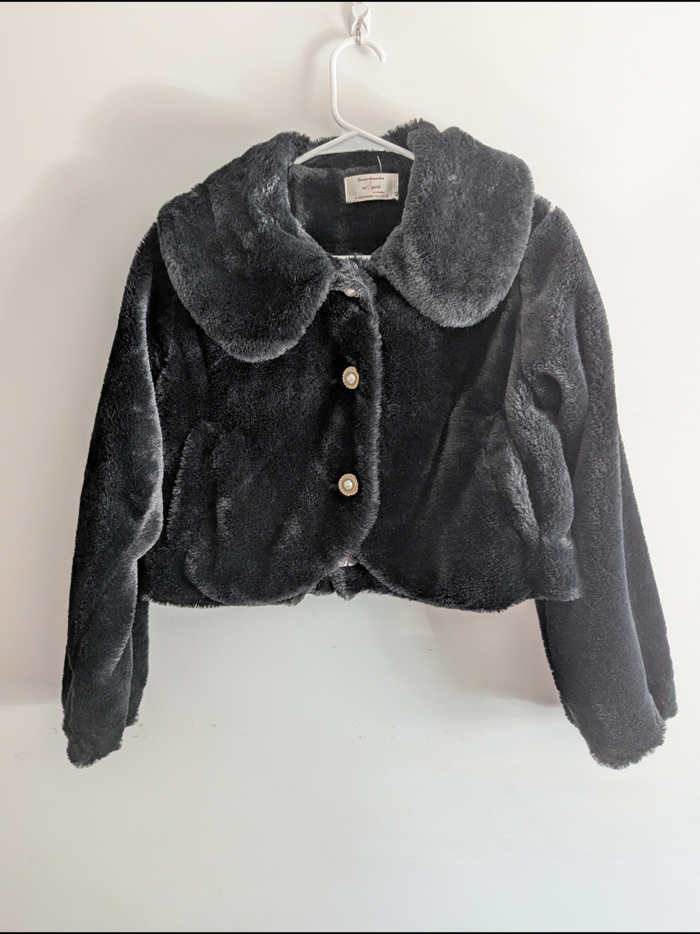 NWOT Japanese Black Faux Fur Cropped Jacket with Pearl Buttons